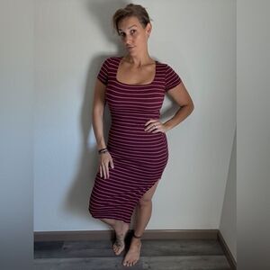 Haley & June Ribbed Midi Dress Purple Wine Pink Stripe